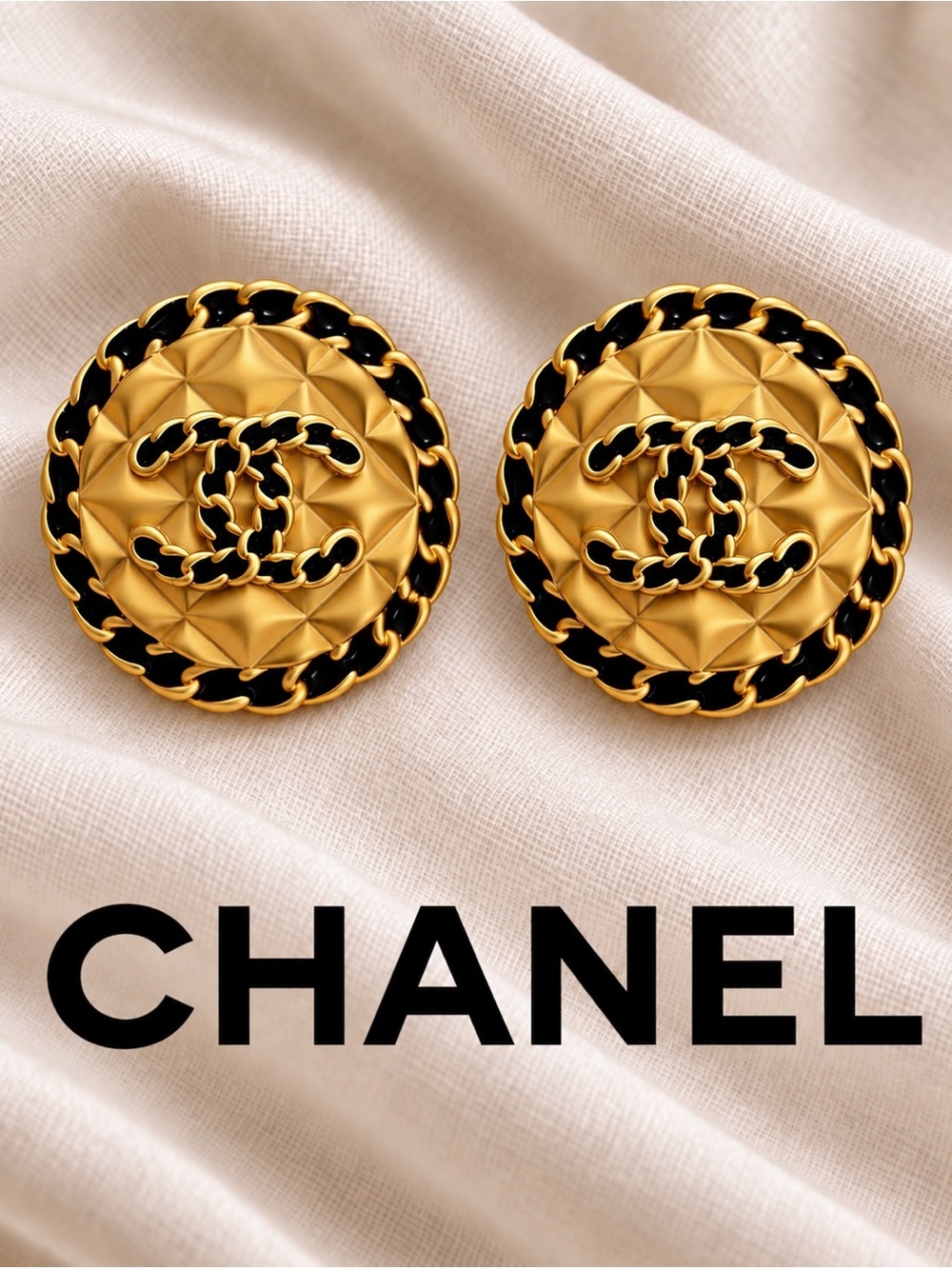 Black & Gold Tone Quilted Round Earrings Interlocking CC Chain Border Statement